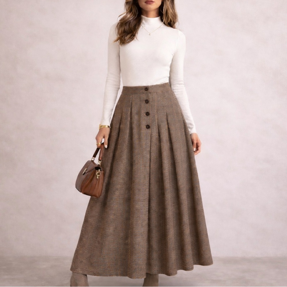 NWT Brown Houndstooth Wool Blend A-Line Skirt unlined Maxi size 10